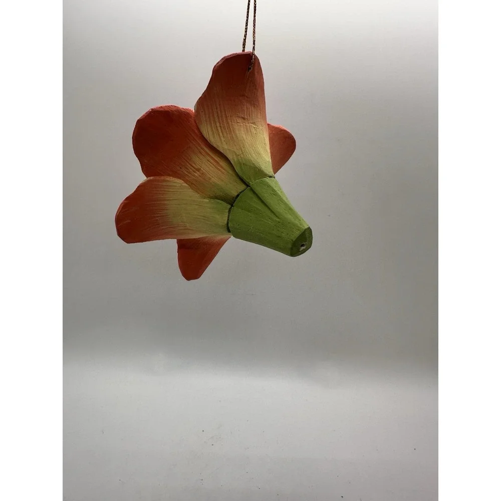 Glitter Amaryllis‎ Flower Hanging Ornament Red Green Hand Painted Wood 5